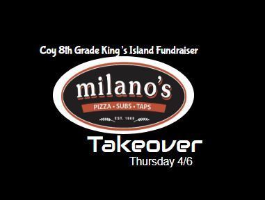 8th grade fundraiser for King's Island on Thursday April 6 at Milanos in Beavercreek