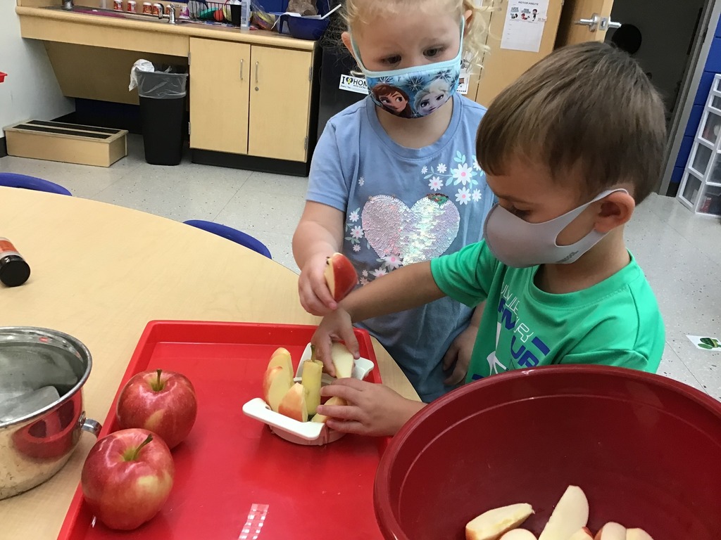 Students examine core and slices of apples