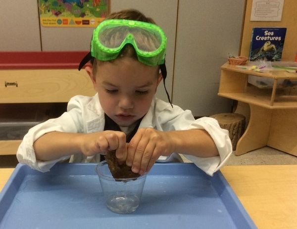 Student wearing goggle squeezes wet sponge into cup
