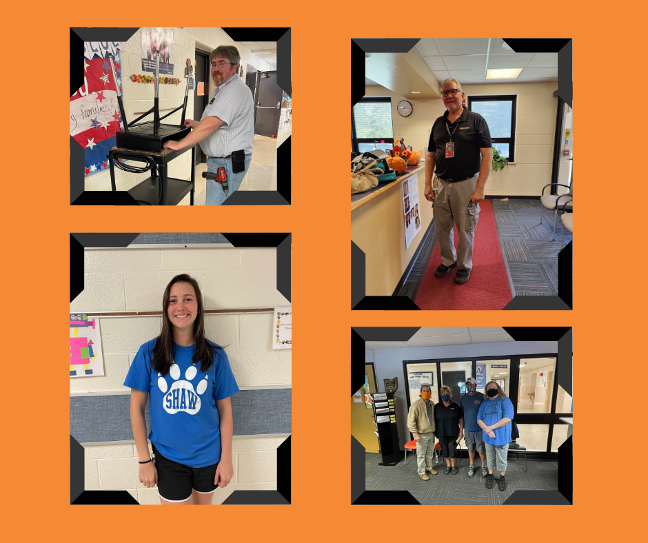 Collage of custodians taking care of staff, students, and buildings