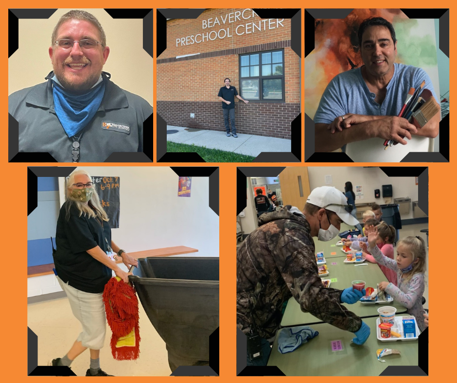 Collage of custodians taking care of staff, students, and buildings