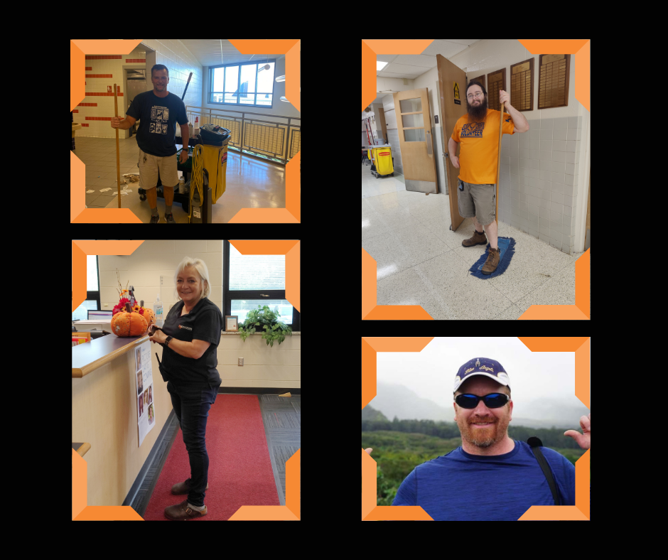 Collage of custodians taking care of  staff, students, and buildings