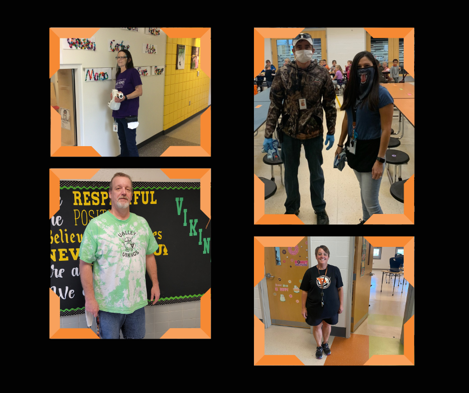 Collage of custodians taking care of staff, students, and buildings
