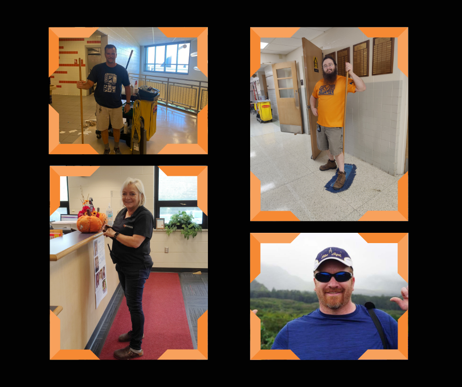 Collage of custodians taking care of staff, students, and buildings