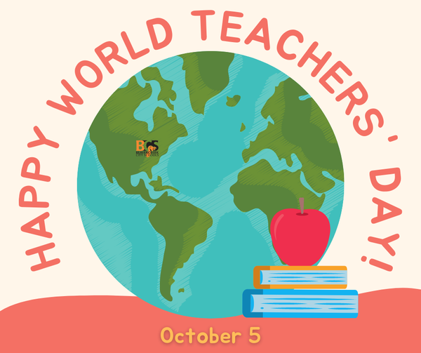 BCS logo located on globe with a stack of book and an apple. Text reading "Happy World Teachers' Day!"