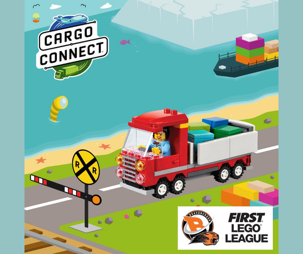 Lego car driving on cartoon street with text, "Cargo Connect" and "First Lego League"