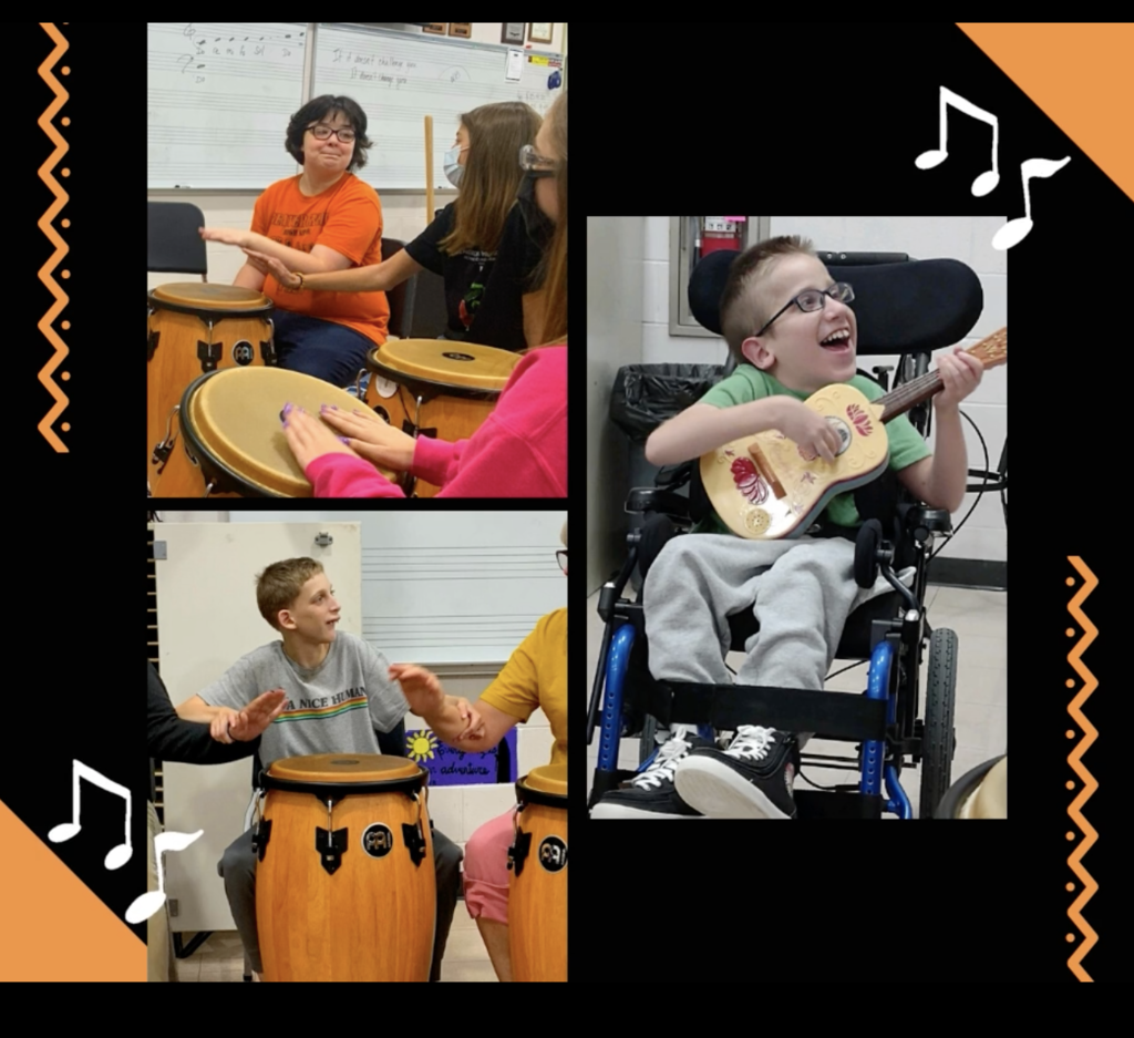 Collage of smiling students playing drums and guitars