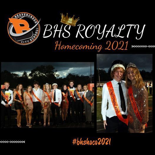 Collage of homecoming court and king & queen with text "BHS Royalty - Homecoming 2021 #bhshoco2021"