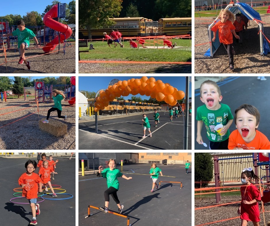 Collage of students running through obstacles on playground