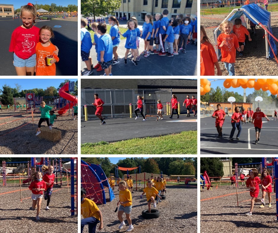 Collage of students running through obstacles on playground
