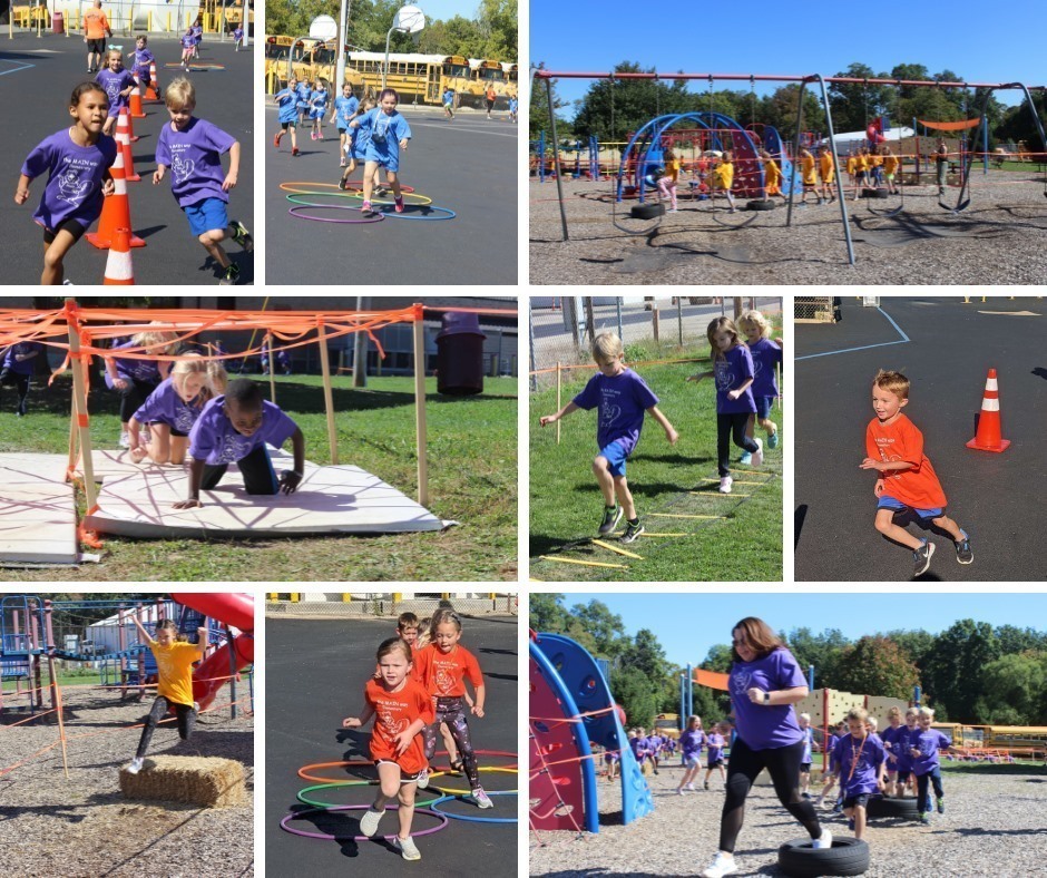 Collage of students running through obstacles on playground