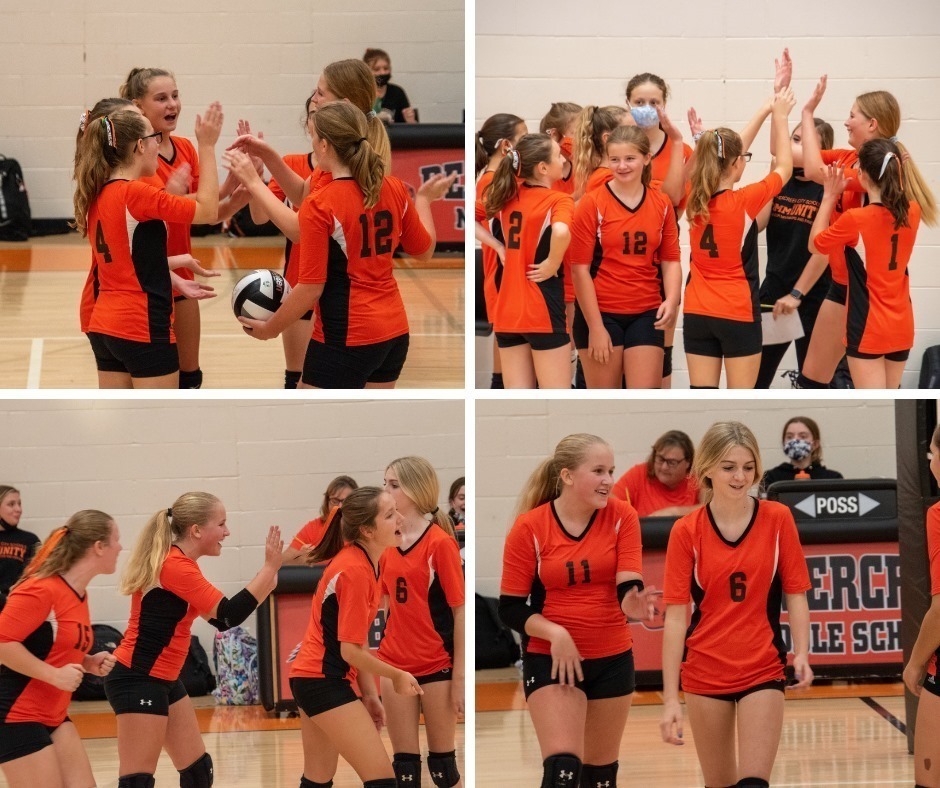 Collage of volleyball players cheering for each other with high fives