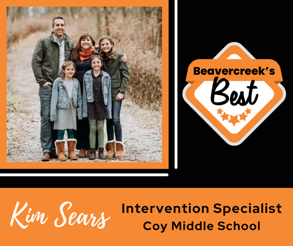 Photo of teacher with her family and text reading "Beavercreek's Best - Kim Sears: Intervention Specialist at Coy Middle School"
