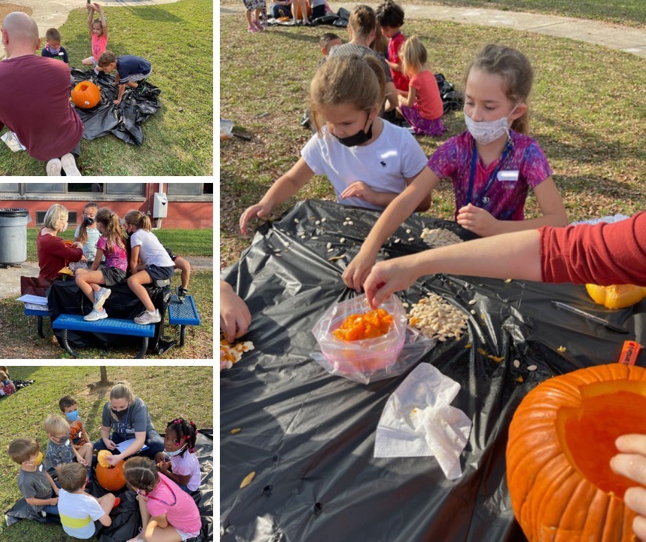 Collage of students carving pumpkins on outdoor tables