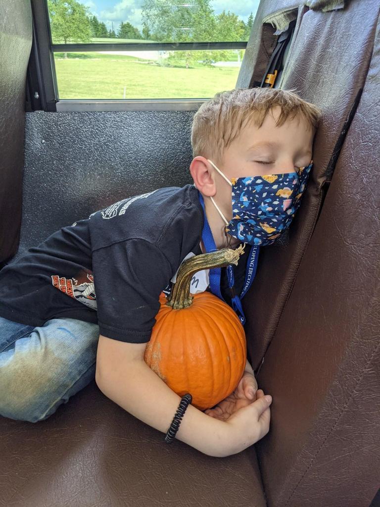 Sleeping boy holds pumpkin on bus ride home