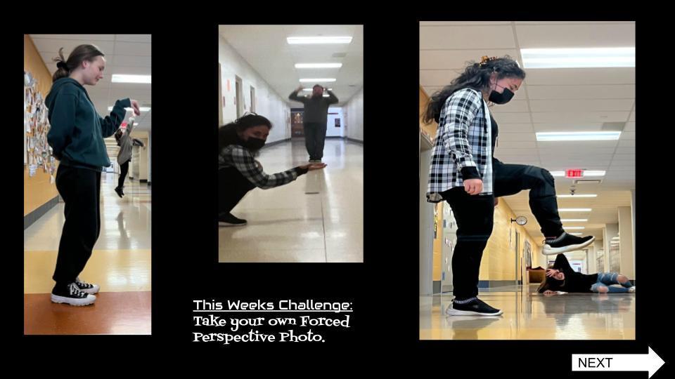 3 images of students creating an optical illusion where one student looks like they are holding another student off the ground - forced perspective