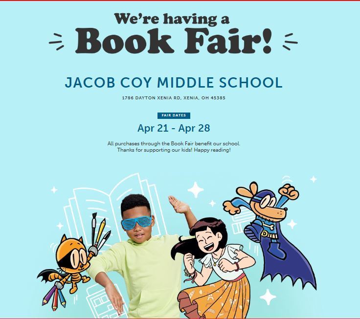 CMS Bookfair April 21-April 28, 2023 ( flyer shows kids and characters dancing)